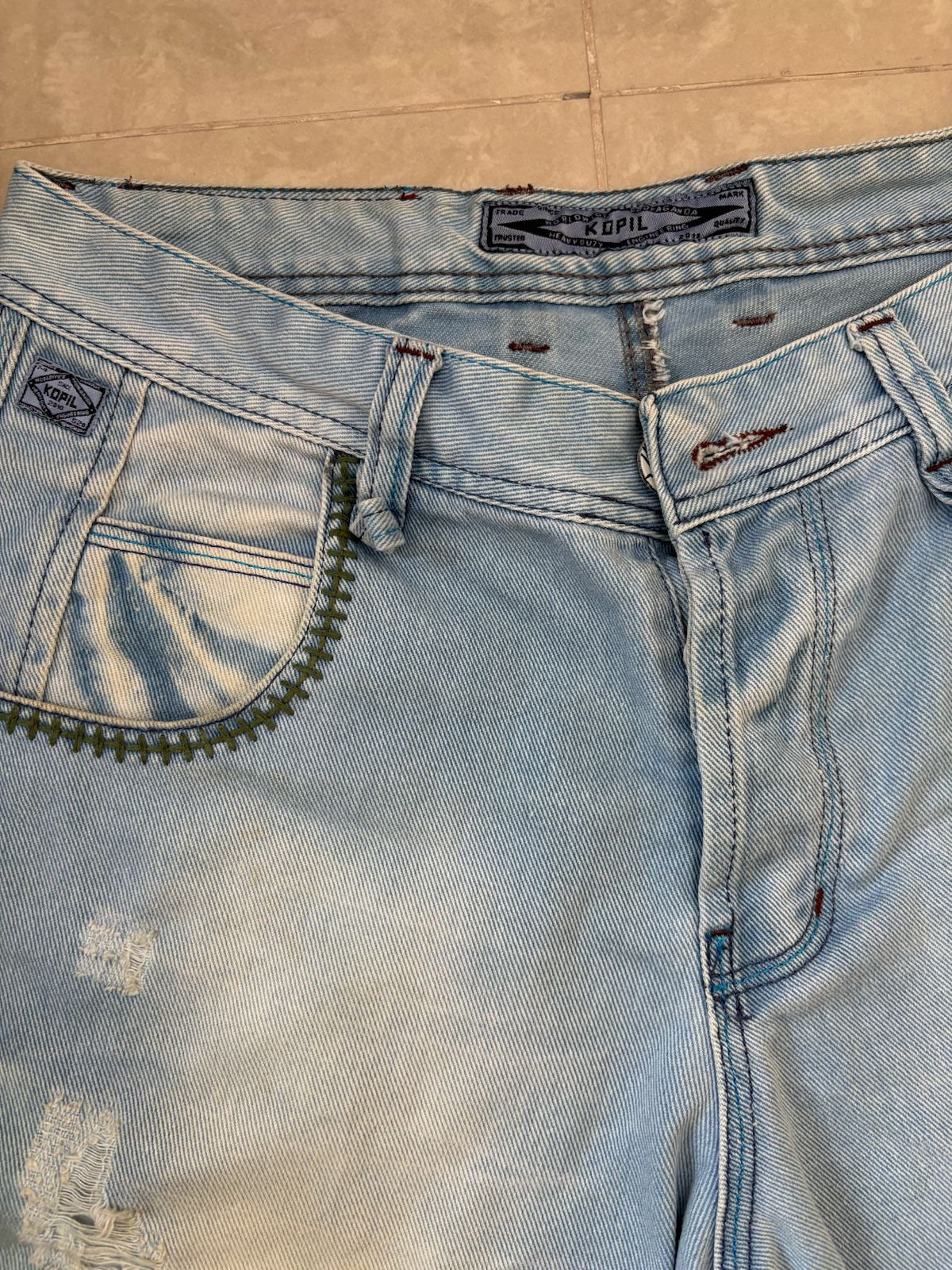 Kopil Distressed with Embellished Details Blue Denim Shorts- S | Waist: 30"