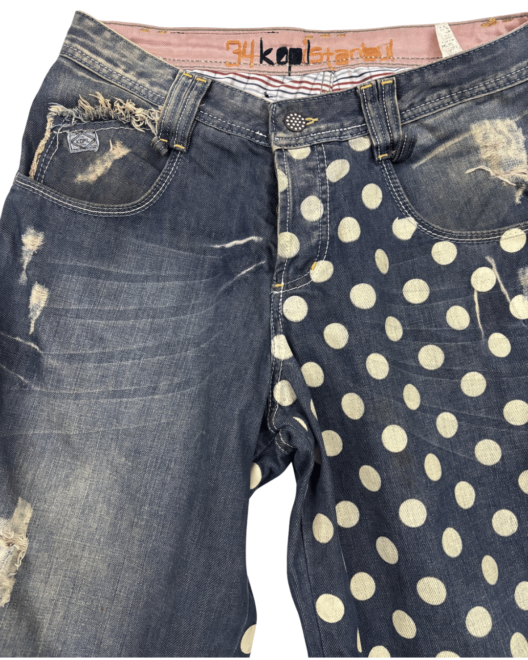 Kopl Istanbul Distressed Polka Dot Denim Shorts - L | Waist: 34"