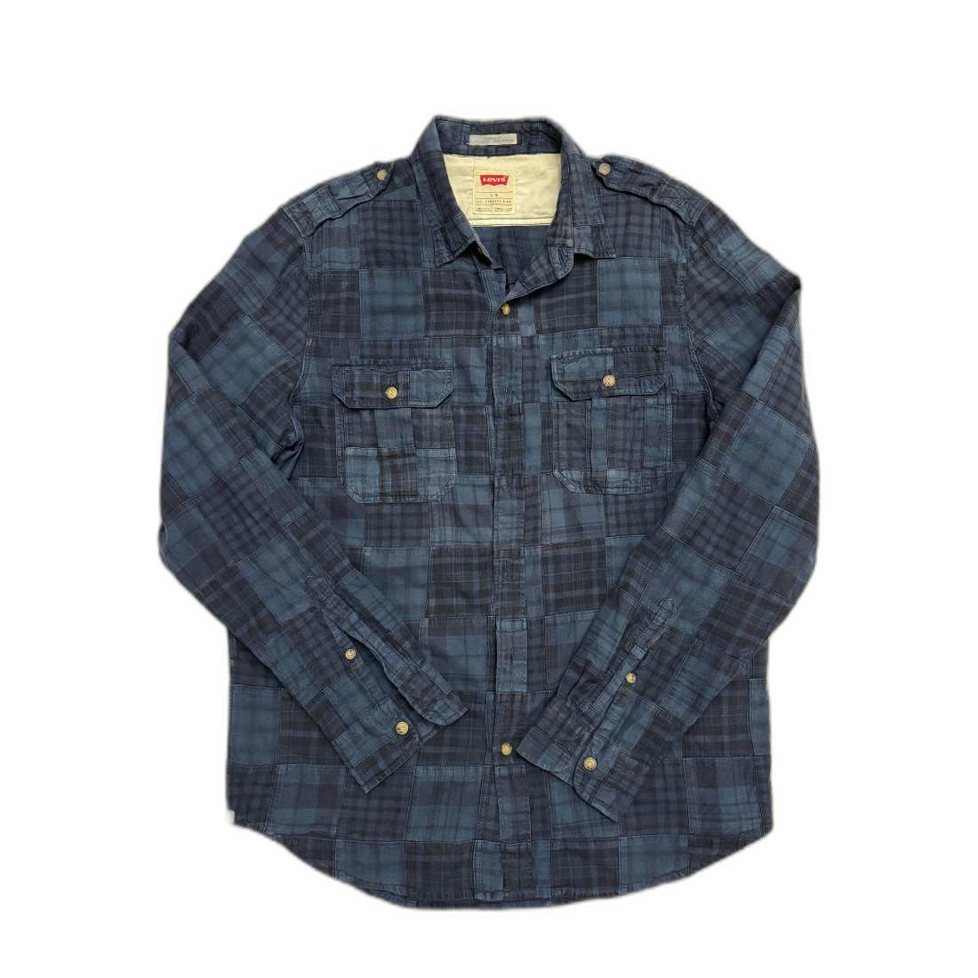 Levi's Standard Fit Patchwork Plaid Utility Navy Blue Shirt - L