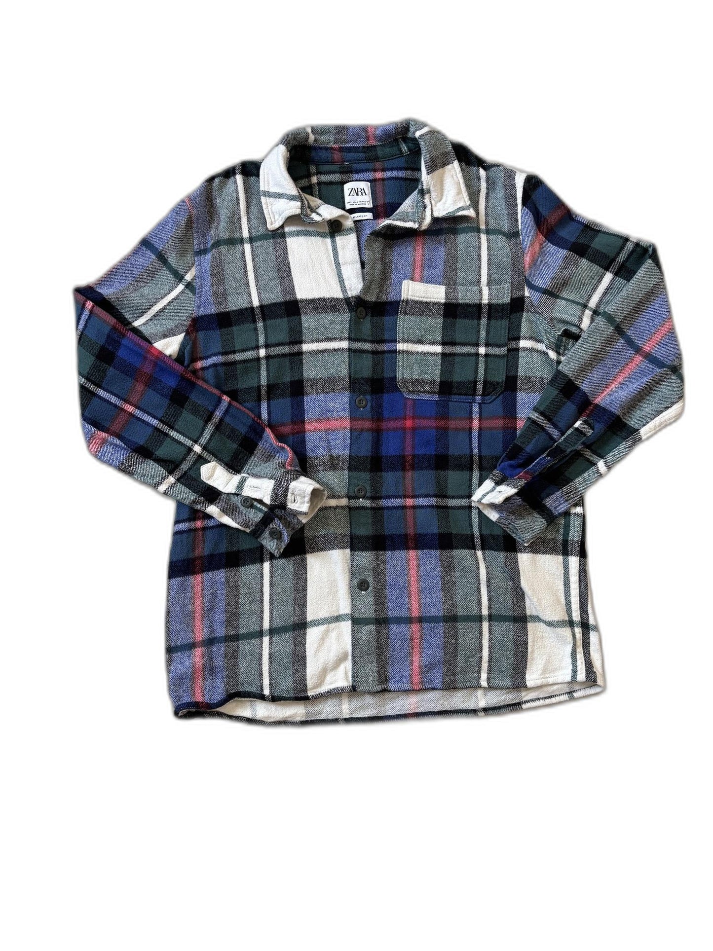 ZARA Relaxed Fit Fleece Roll Tab Sleeve Multicolor Shacket Shirt - M
