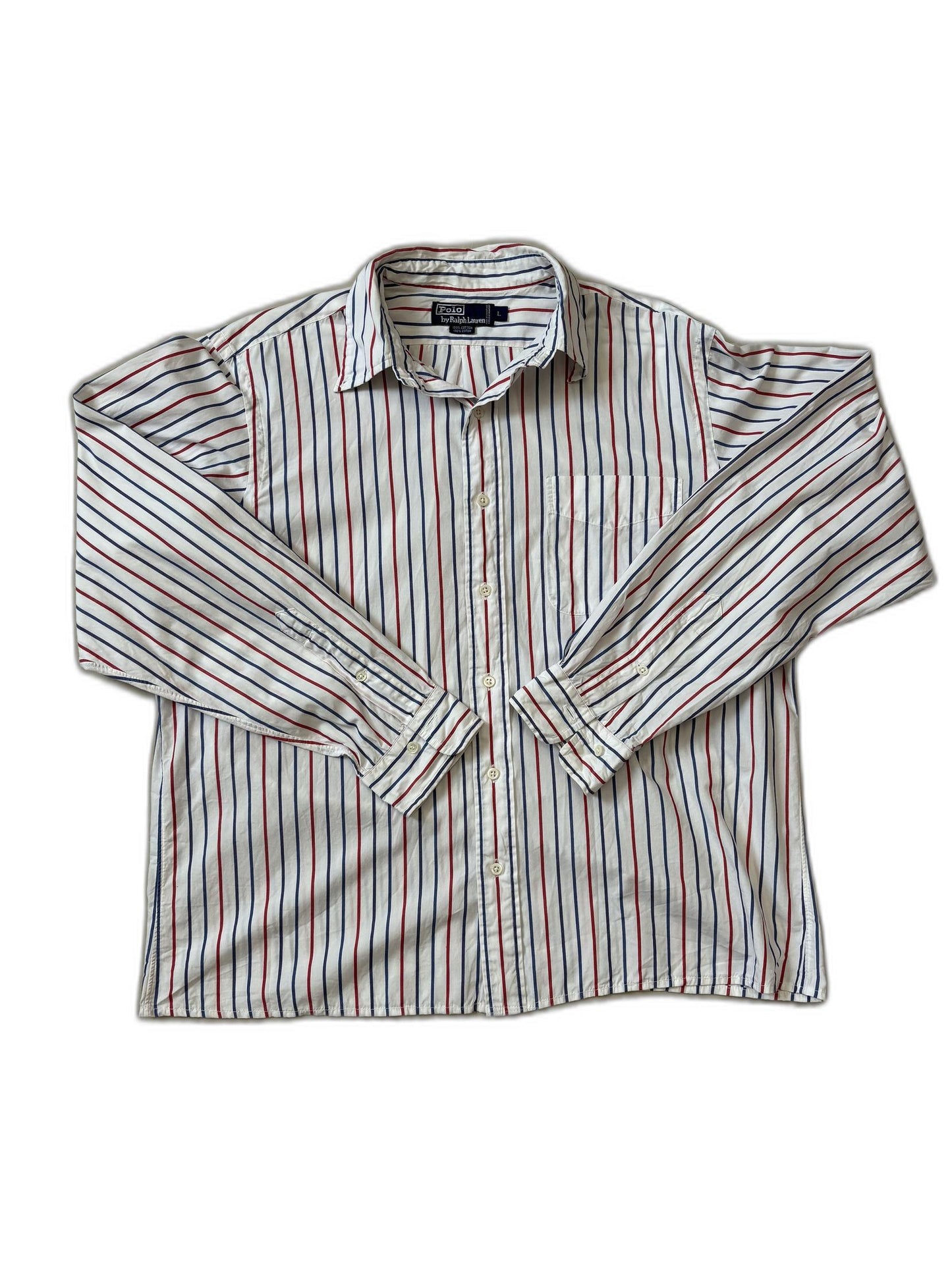 Ralph Lauren Red & Navy Blue Vertical Striped White Polo Shirt - L