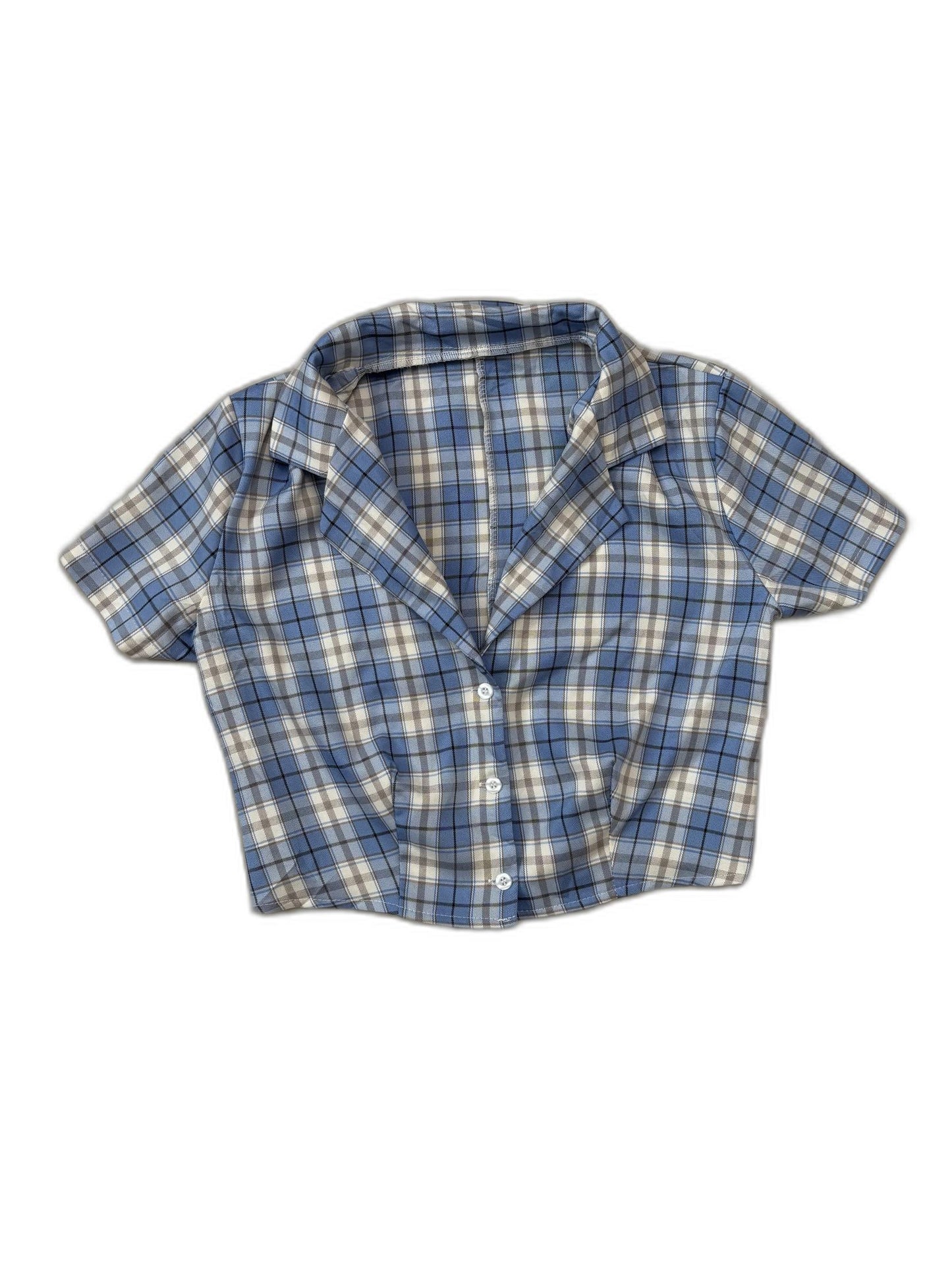 Plaid Blue & White Button-Down Crop Shirt - XS