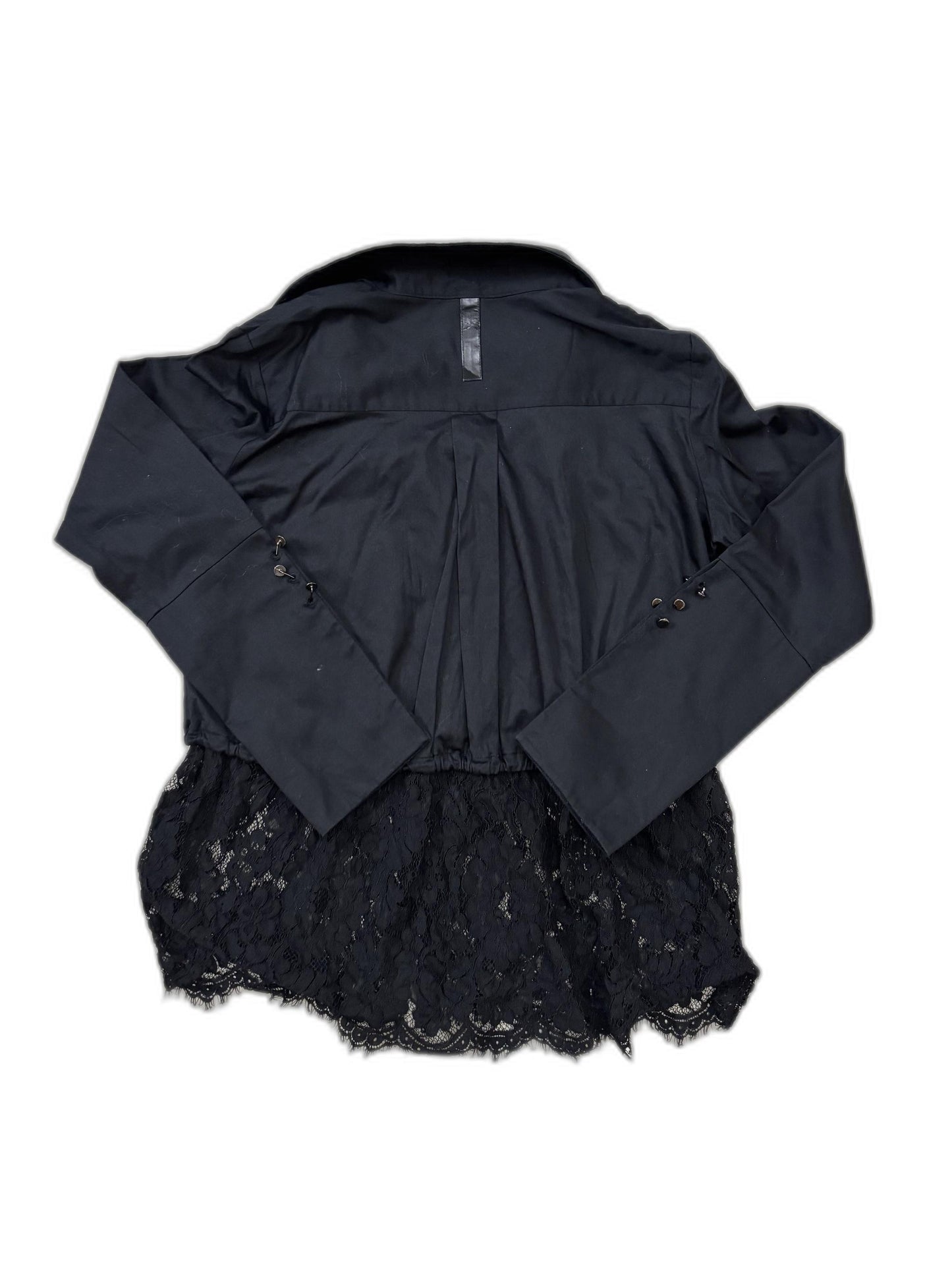 Black Lace-Trimmed Button-Down Blouse - M