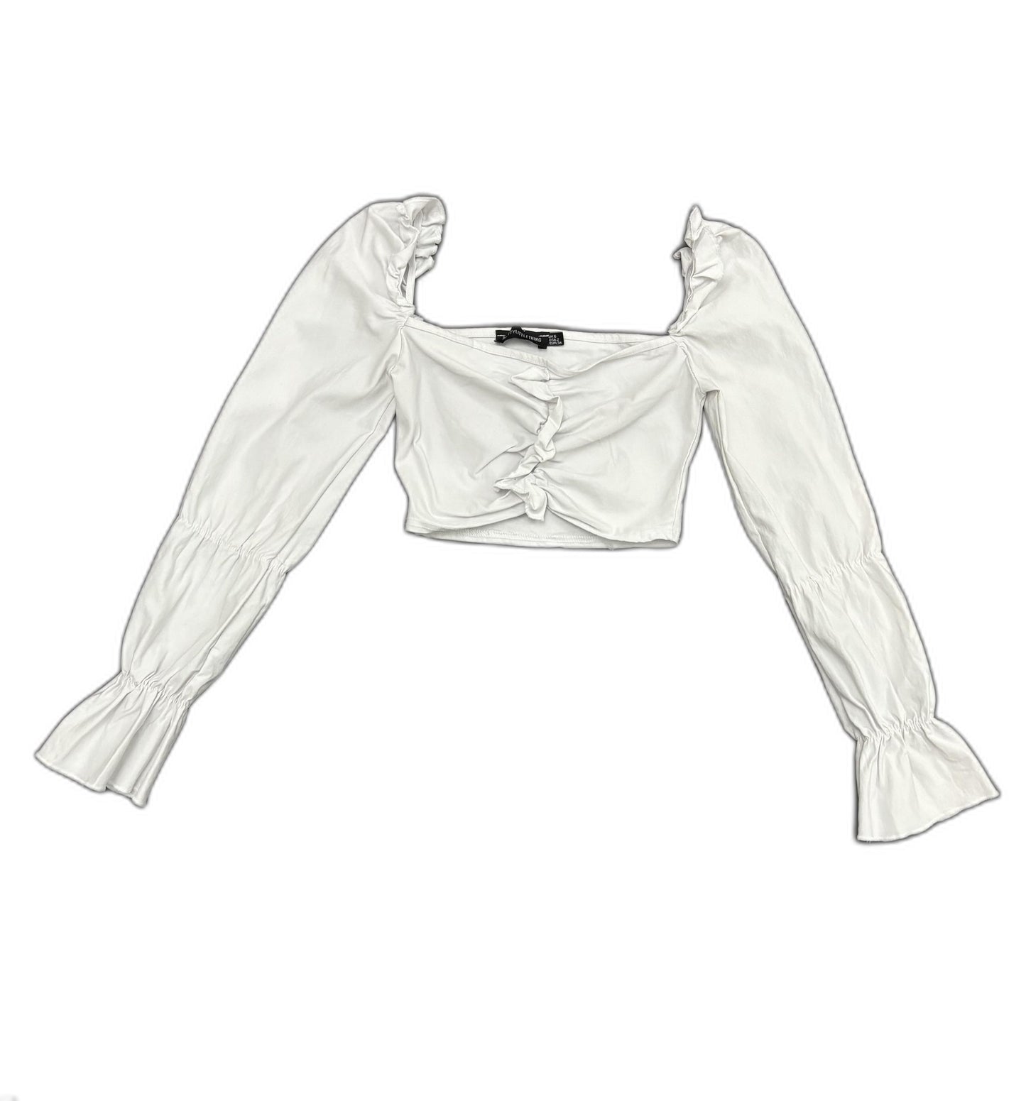 Pretty Little Thing White Ruched Front Long Sleeve Crop Top - XS