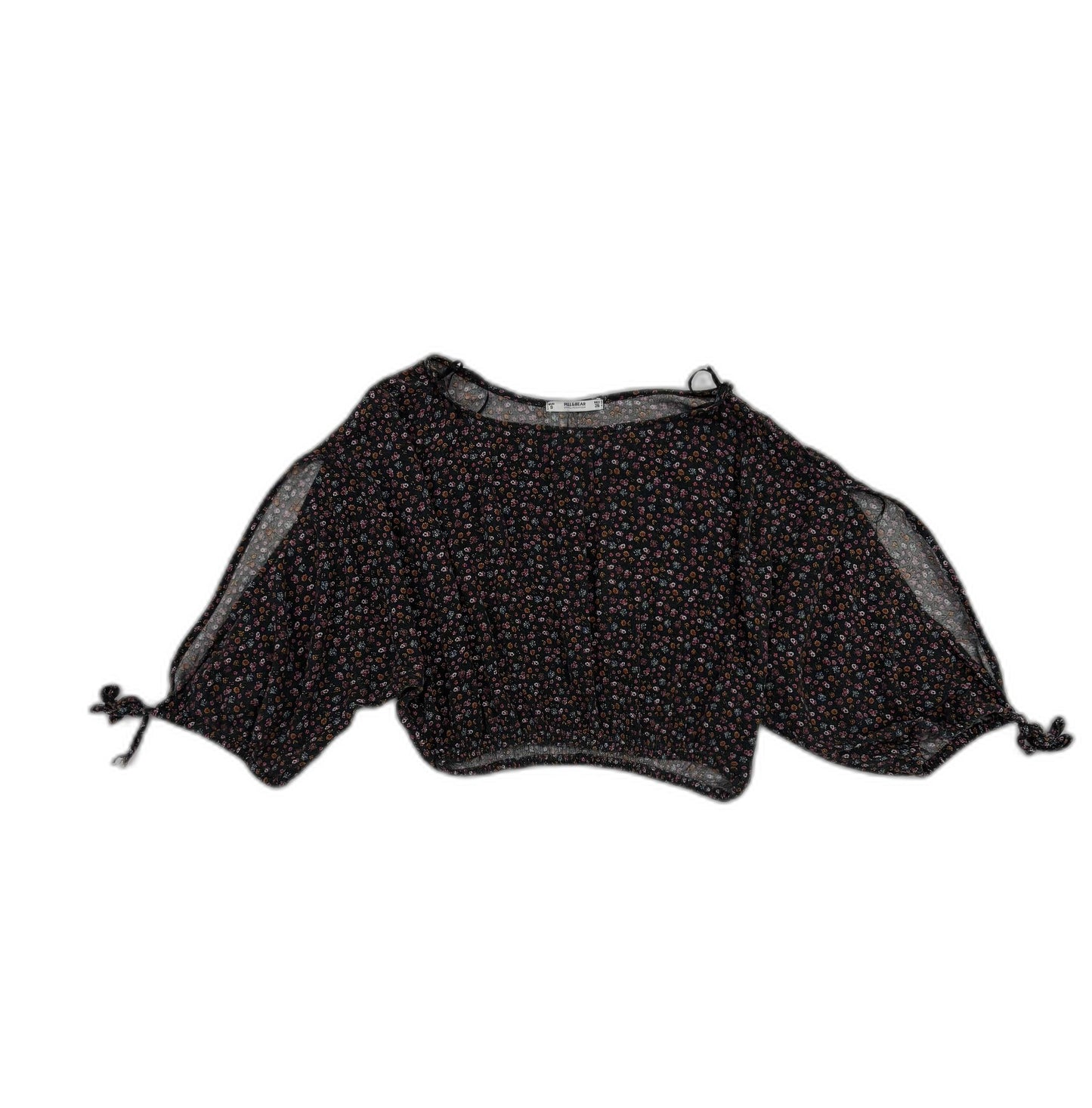 Pull & Bear Black Ditsy Floral Chiffon Crop Blouse - XS