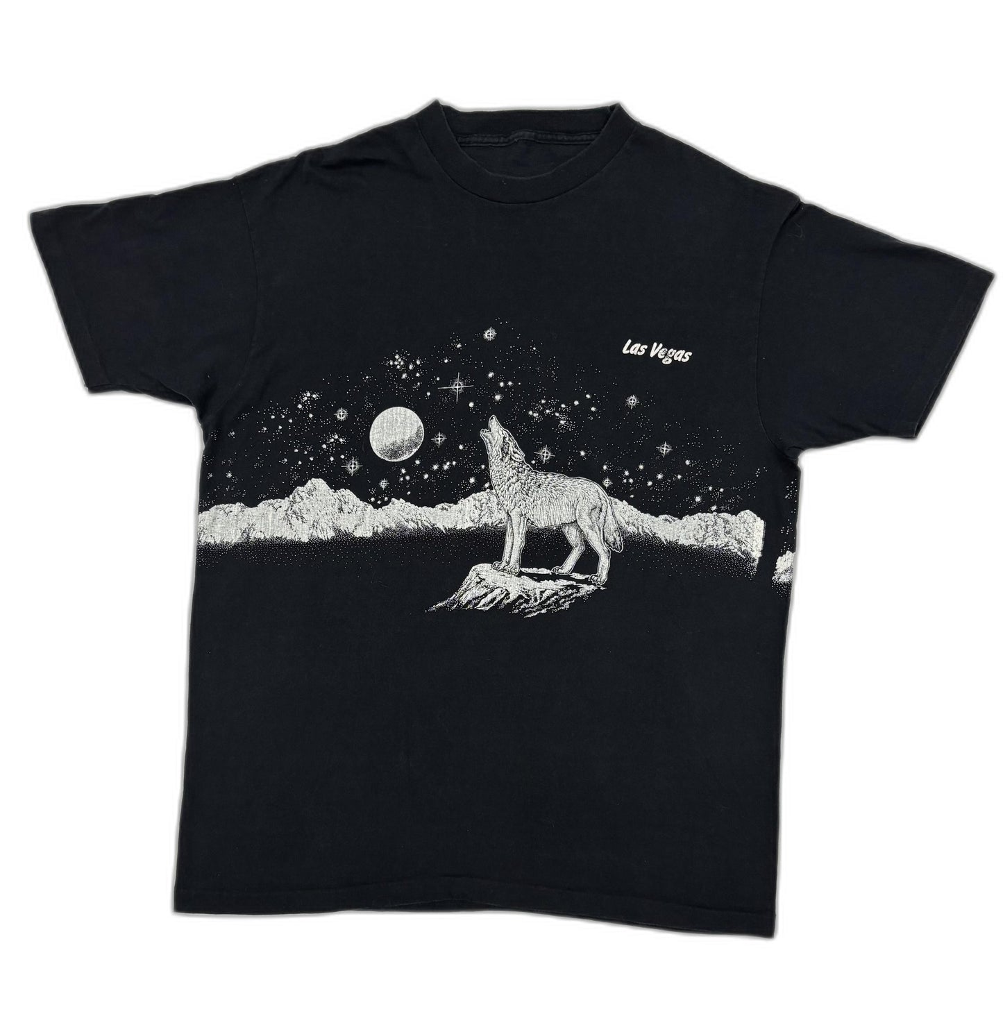 Vintage Anvil Las Vegas Howling Wolf Desert Moon Graphic Black T-Shirt - L