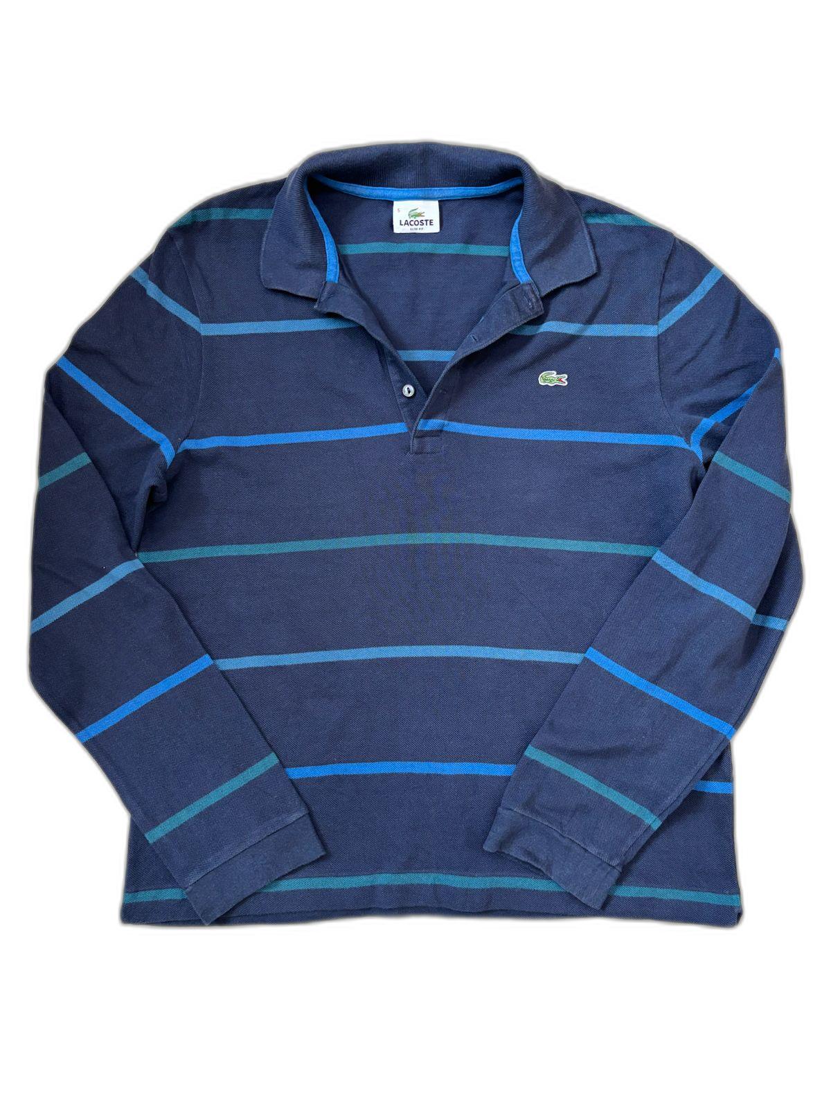 Lacoste Striped Long Sleeve Navy & Teal Polo Shirt - M
