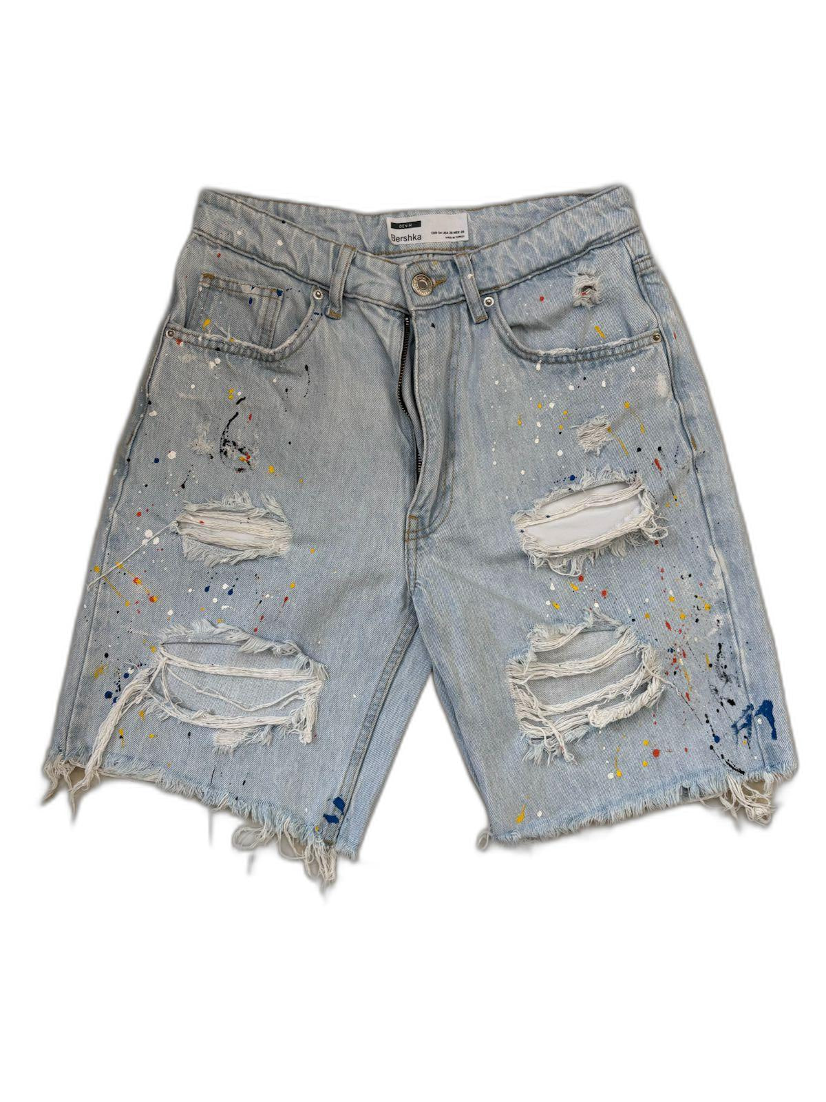 Bershka Distressed Women Denim Jean Mid Rise Blue Short - S | Waist: 28"