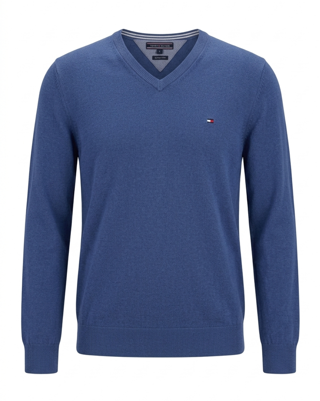 Tommy Hilfiger Blue Premium Cotton V-Neck Sweater