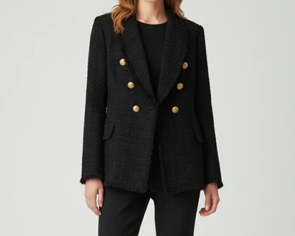 Zara Black Tweed Frayed Double Breasted Blazer