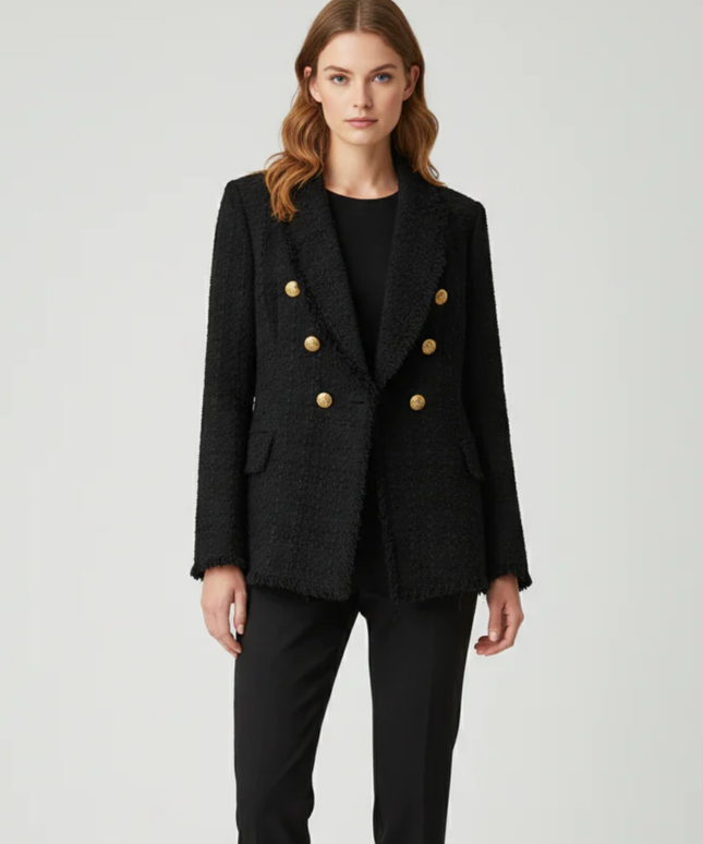 Zara Black Tweed Frayed Double Breasted Blazer