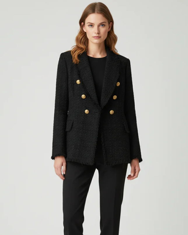 Zara Black Tweed Frayed Double Breasted Blazer
