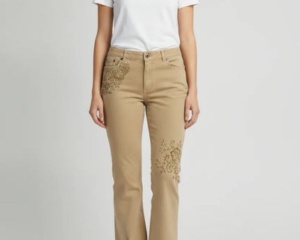 Lauren Ralph Lauren Tan Floral Embroidered Straight Leg Jeans