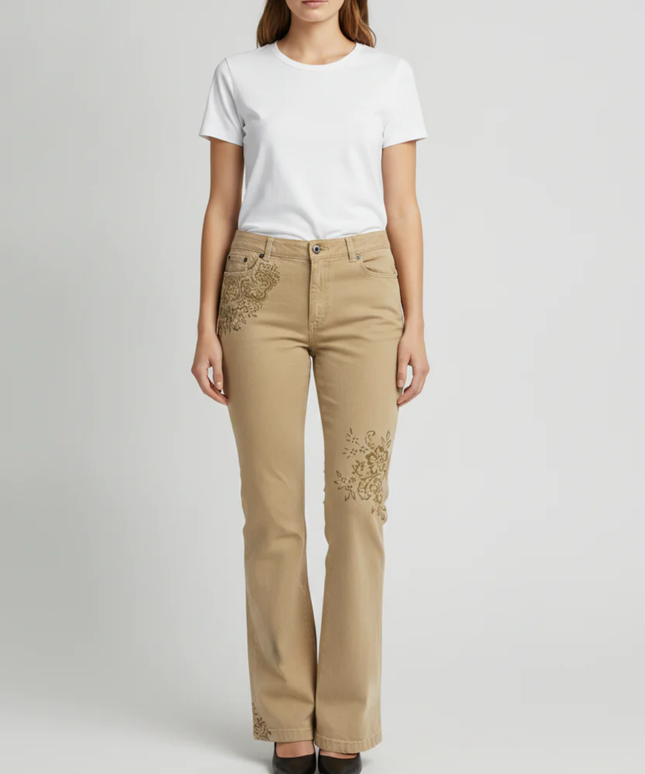 Lauren Ralph Lauren Tan Floral Embroidered Straight Leg Jeans