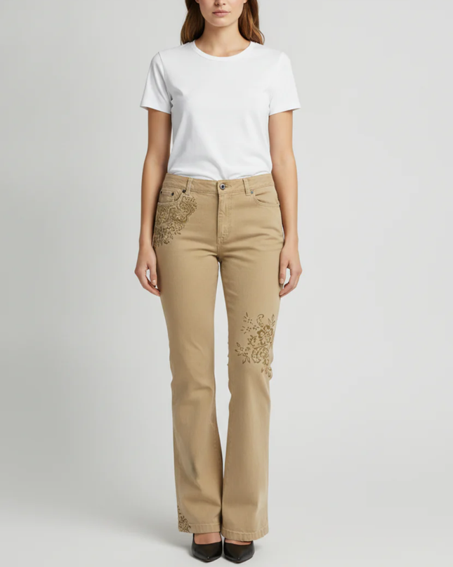 Lauren Ralph Lauren Tan Floral Embroidered Straight Leg Jeans