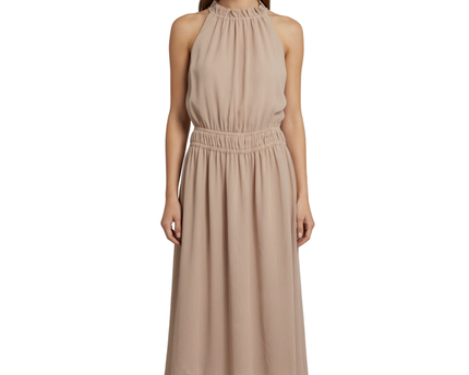 H&M Peach Sleeveless Ruffle Neck Smocked Midi Dress