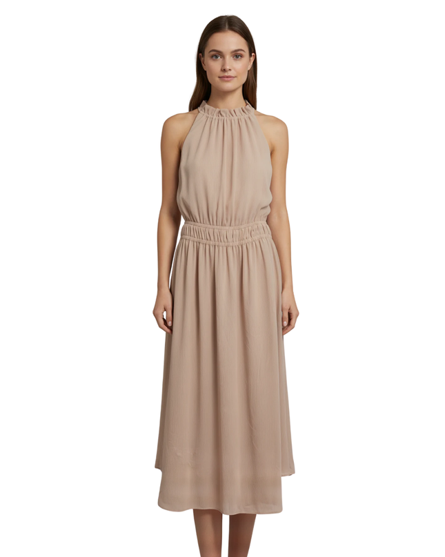 H&M Peach Sleeveless Ruffle Neck Smocked Midi Dress