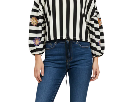 Zara Trafaluc Black and White Striped Embroidered Crop Top