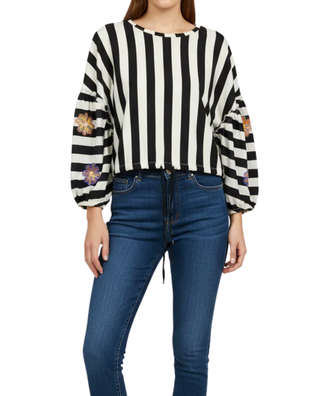 Zara Trafaluc Black and White Striped Embroidered Crop Top