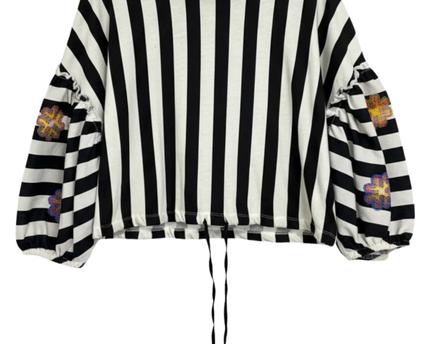 Zara Trafaluc Black and White Striped Embroidered Crop Top