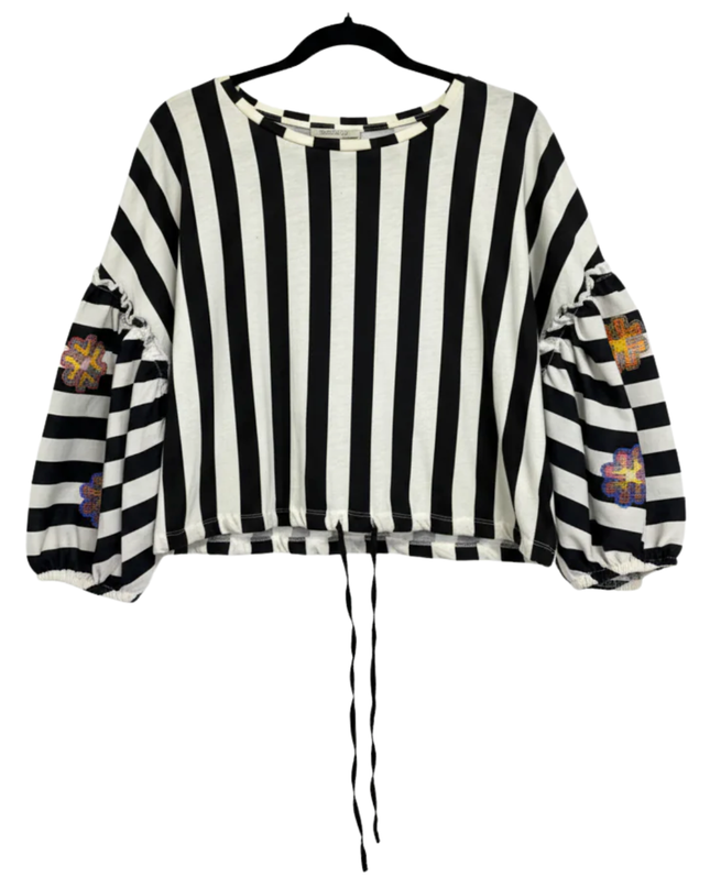 Zara Trafaluc Black and White Striped Embroidered Crop Top