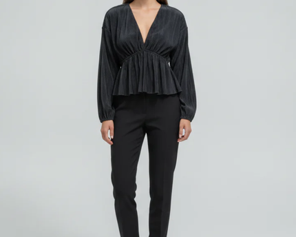 Abercrombie & Fitch Black Plissé V-Neck Long Sleeve Top
