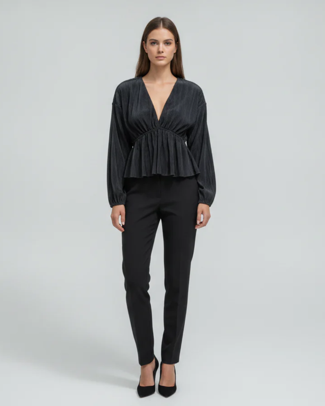Abercrombie & Fitch Black Plissé V-Neck Long Sleeve Top