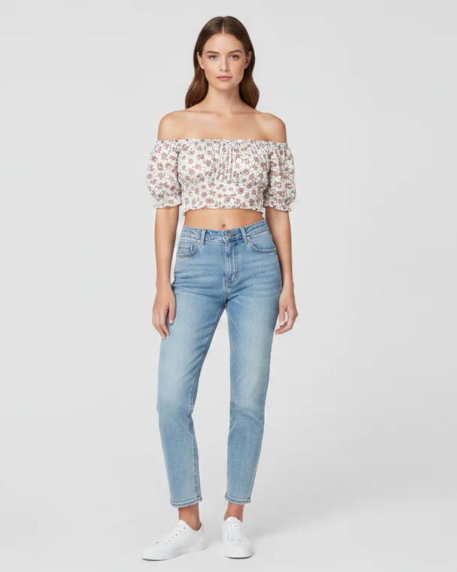 Hollister White Floral Smocked Short Sleeve Crop Top