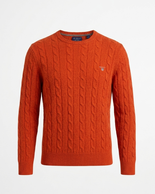 Gant Orange Fine Lambswool Cable Knit Crew Neck Sweater