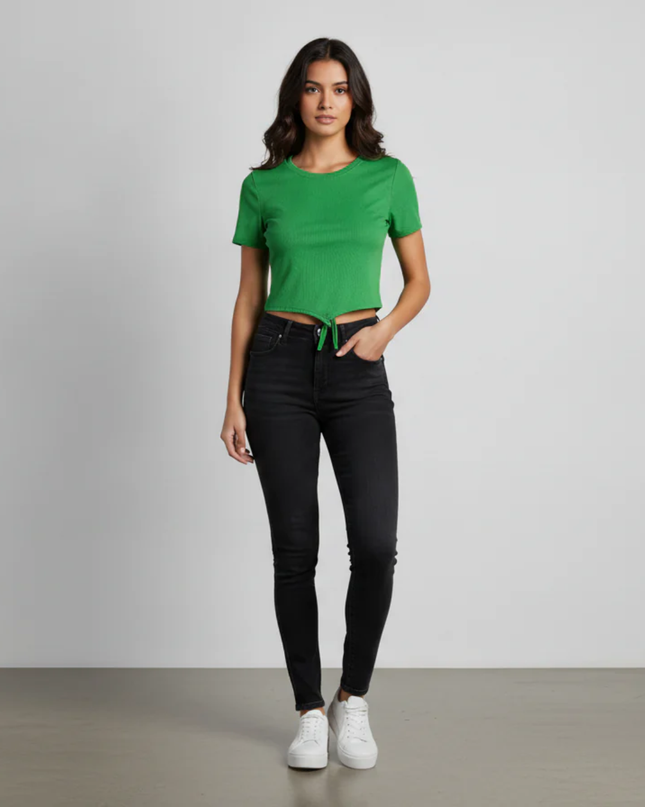 AMISU Green Ribbed Tie-Front Short Sleeve Crop Top