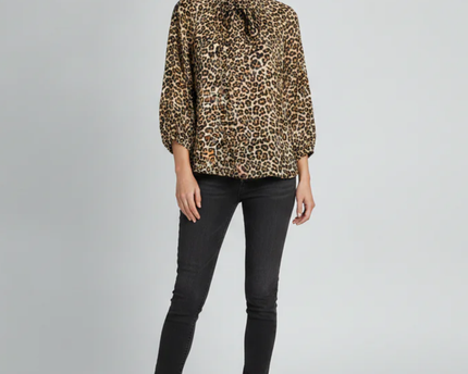 H&M Leopard Print Ruffle Neck Tie Blouse