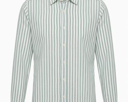 Reiss Green and White Striped Regular Fit Button-Down Shirt