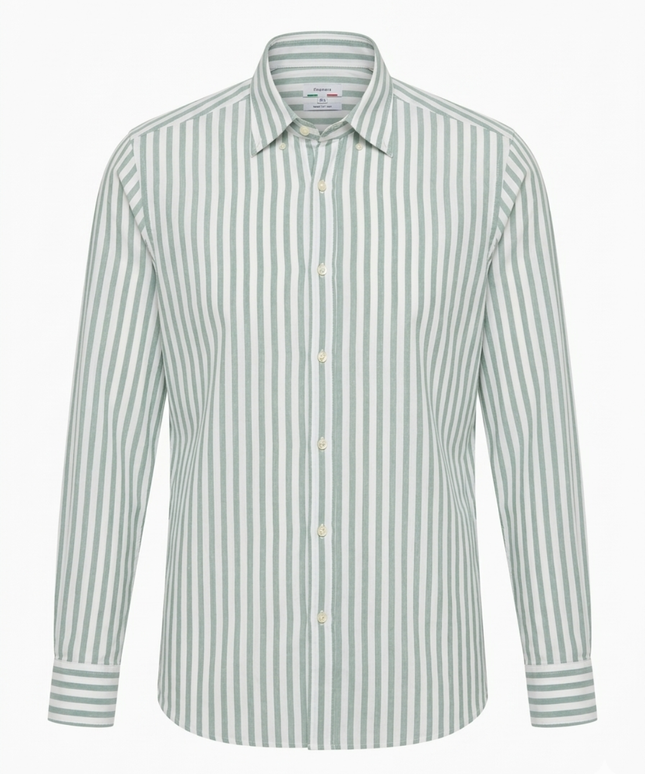 Reiss Green and White Striped Regular Fit Button-Down Shirt