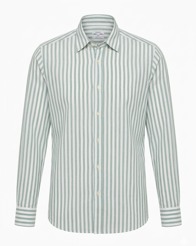Reiss Green and White Striped Regular Fit Button-Down Shirt