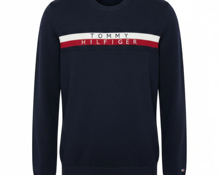 Tommy Hilfiger Navy Blue Logo Stripe Crewneck Sweater