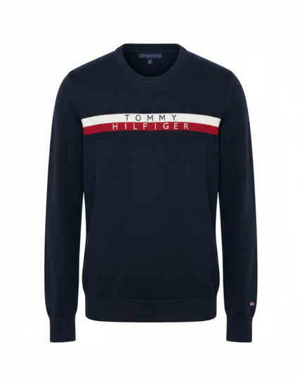 Tommy Hilfiger Navy Blue Logo Stripe Crewneck Sweater