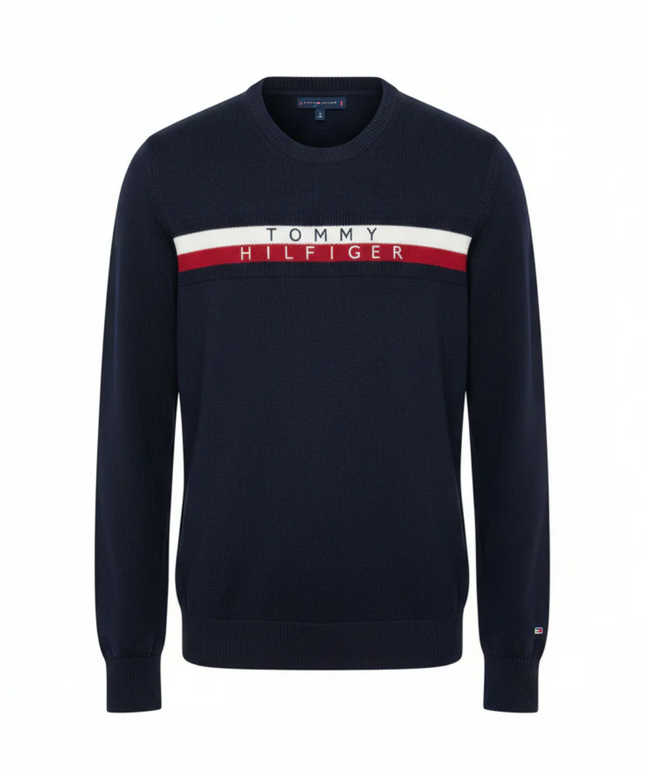 Tommy Hilfiger Navy Blue Logo Stripe Crewneck Sweater