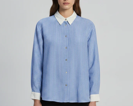 ZARA Blue Striped Contrast Collar Oversized Shirt