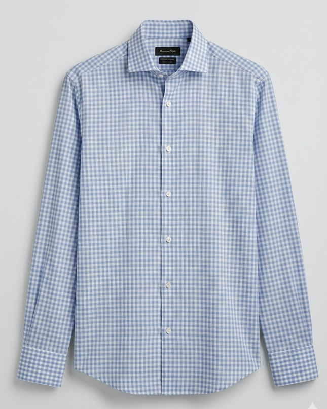 Massimo Dutti Light Blue Gingham Checkered Button-Down Shirt