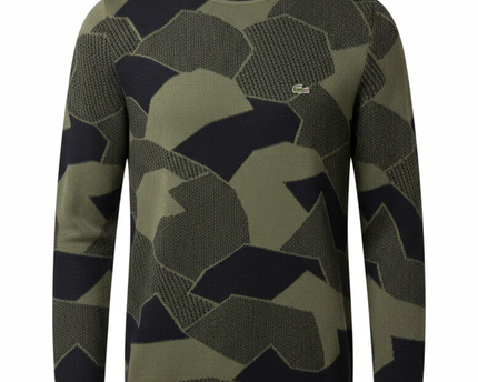 Lacoste Olive/Navy Geometric Pattern Slim Fit Cotton Sweater