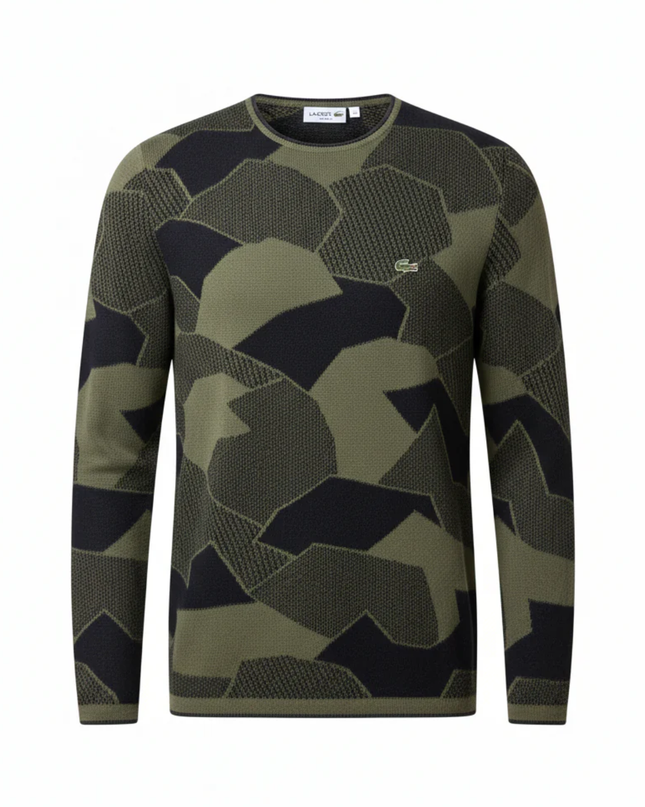 Lacoste Olive/Navy Geometric Pattern Slim Fit Cotton Sweater