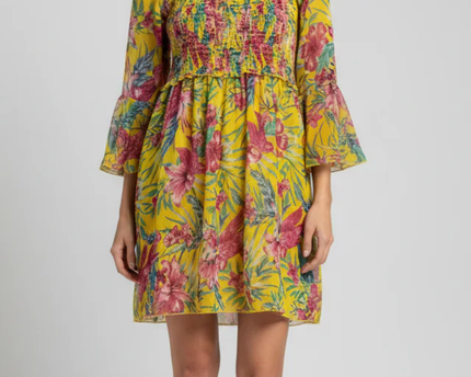 Popwings Yellow Floral Smocked with Bell Sleeves Mini Dress