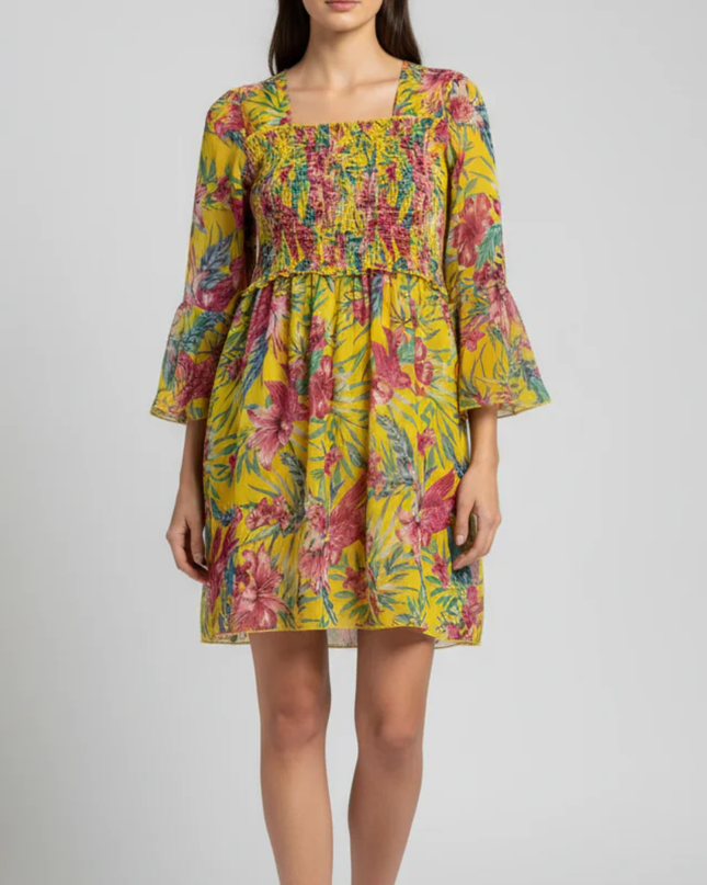 Popwings Yellow Floral Smocked with Bell Sleeves Mini Dress