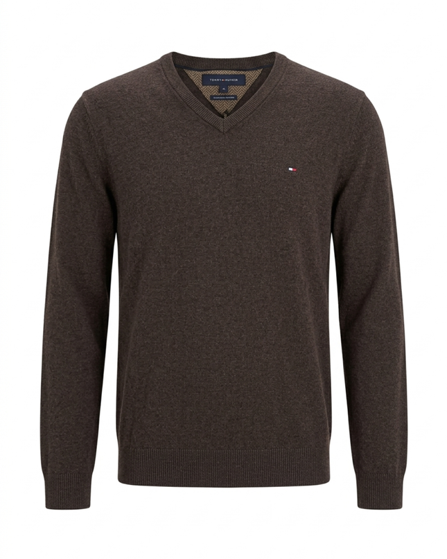 Tommy Hilfiger Brown Pima Cotton Cashmere V-Neck Sweater