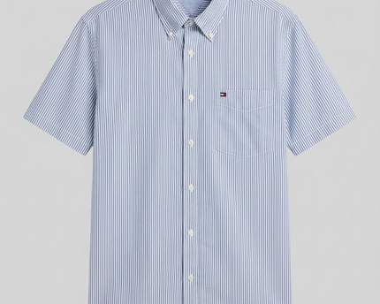 Tommy Hilfiger Men's Blue/White Striped Short Sleeve Button Down Shirt