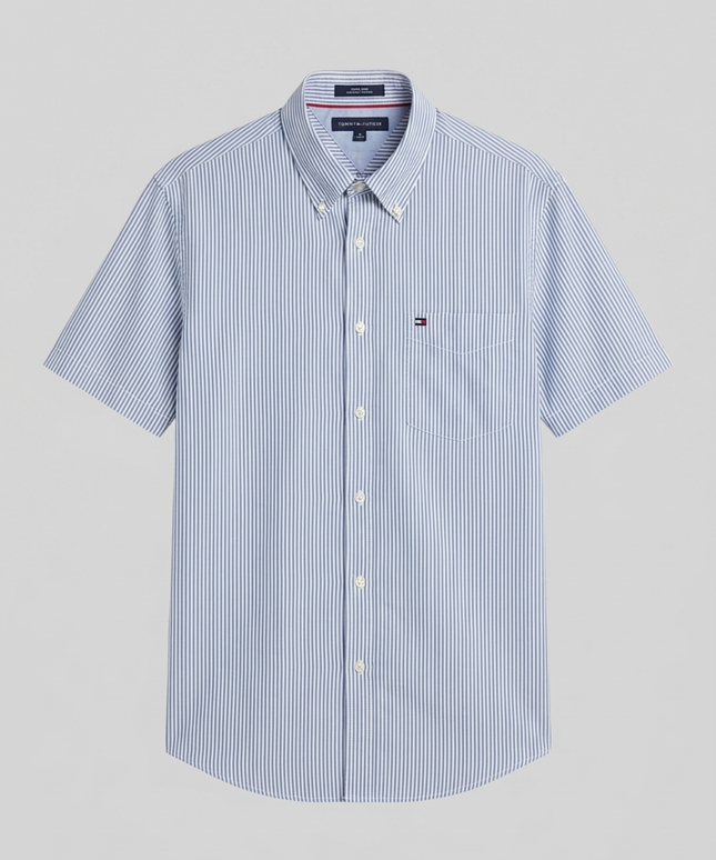 Tommy Hilfiger Men's Blue/White Striped Short Sleeve Button Down Shirt