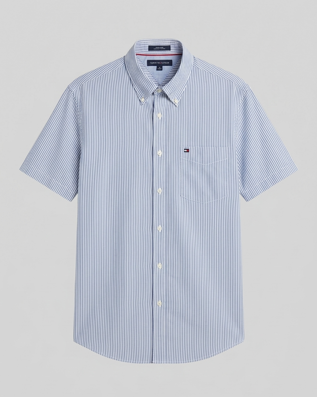 Tommy Hilfiger Men's Blue/White Striped Short Sleeve Button Down Shirt