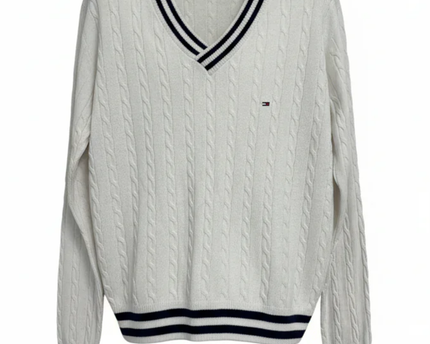 Tommy Hilfiger White V-Neck Cable Knit Tennis Sweater