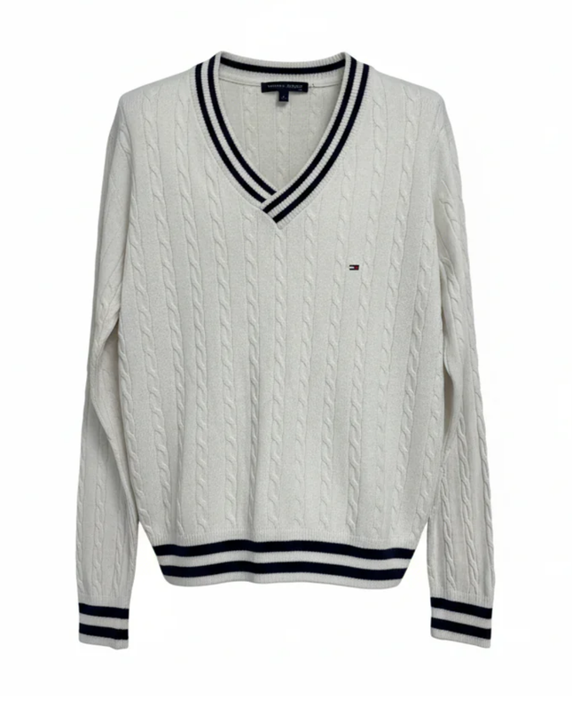 Tommy Hilfiger White V-Neck Cable Knit Tennis Sweater