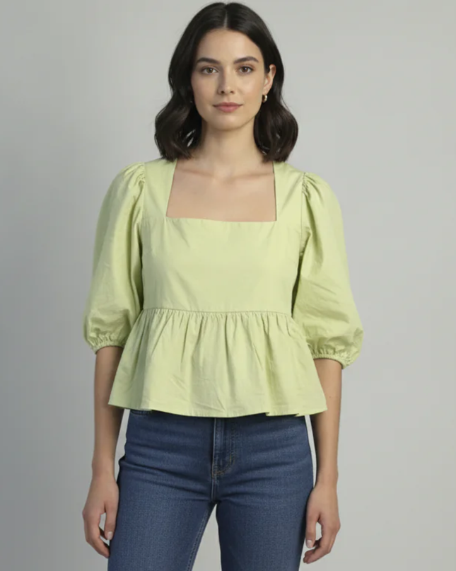Abercrombie & Fitch Pale Green Puff Sleeve Peplum Top